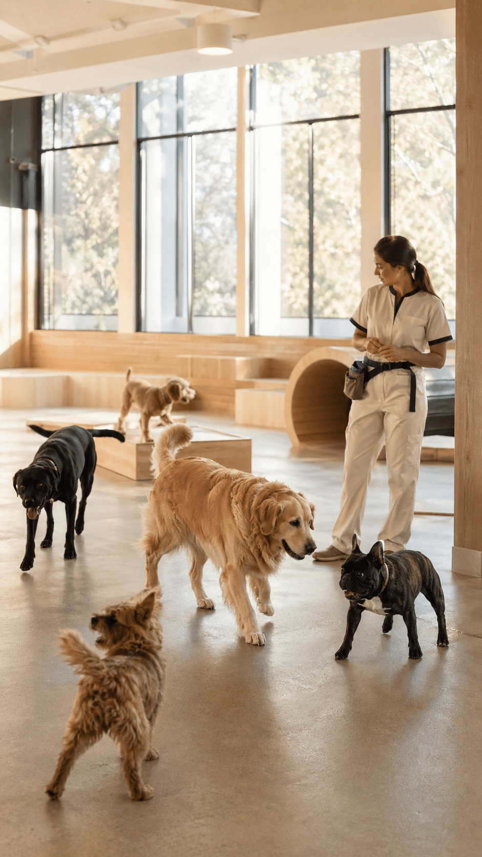 Modern dog daycare facility with multiple dogs at play and a staff member supervising